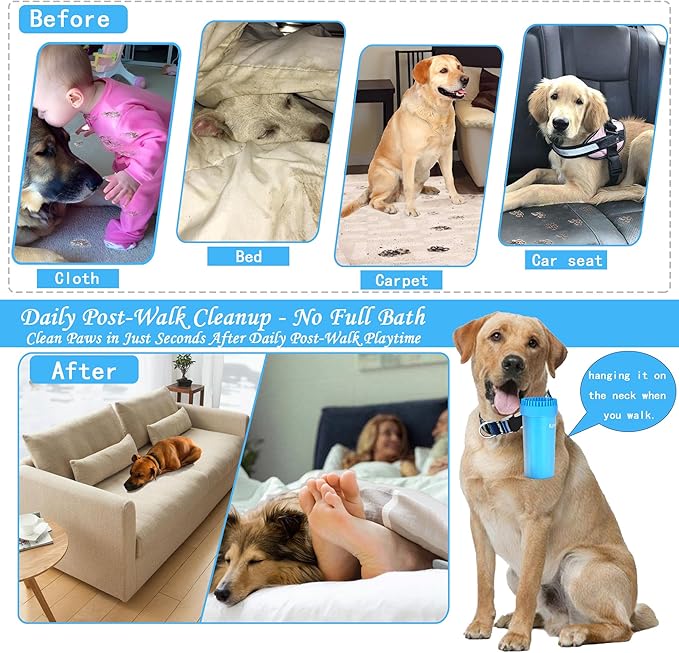 Dog Paw Cleaner Kit - Blue, for L/XL Dogs, Quick Clean No Full Bath, 5-in-1 Bath Grooming Kit, Exclusive Cup-Mounted Brush Head, Grip Silicone Brush, 3 Absorbent Towels, Fits Lab