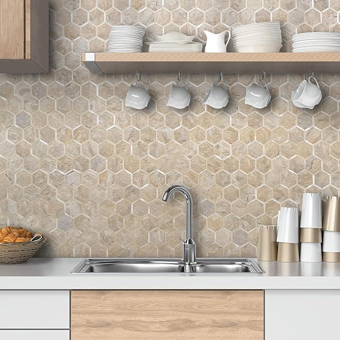 DICOFUN Hexagon Peel and Stick Backsplash Tile, Sandstone Look with Light Gold Kitchen Backsplash Peel and Stick Wall Tiles, 10