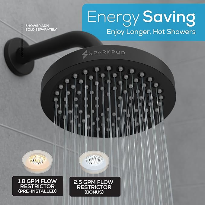 SparkPod Shower Head - High Pressure Rain - Premium Quality Luxury Design - 1-Min Install - Easy Clean Adjustable Replacement for Your Bathroom Shower Heads (Midnight Black Matte, 6 Inch Round)