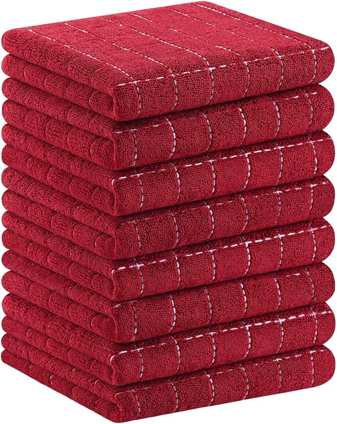 Homaxy 100% Cotton Terry Kitchen Towels(Brick Red, 13 x 28 inches), Checkered Designed, Soft and Super Absorbent Dish Towels, 8 Pack