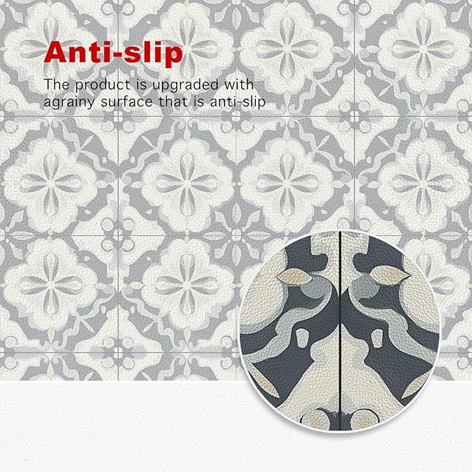 10PCS 12x12 Inch Gray Blue Vintage Floral Peel and Stick Floor Tiles Removable Self Adhesive Vinyl Flooring Stickers for Bathroom Kitchen Entryway Home Decor