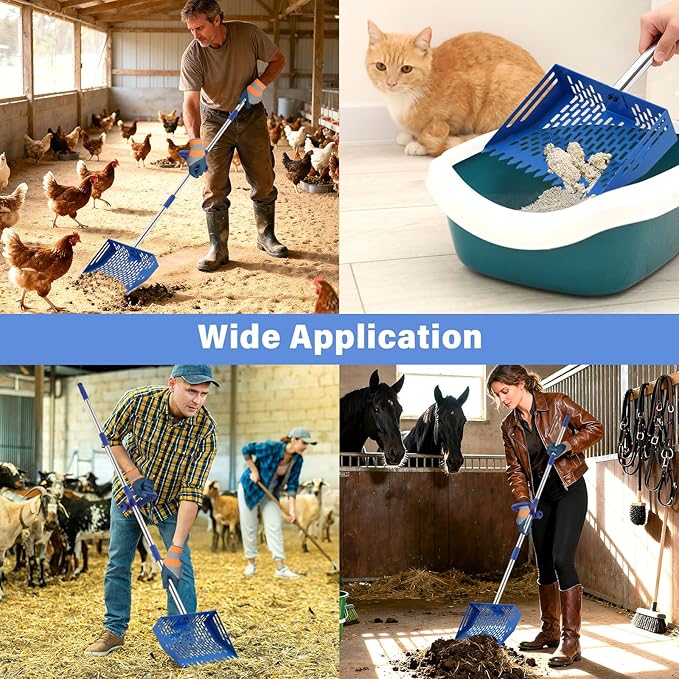 2-in-1 Chicken Poop Scooper & Rake, 10 Inch Coop Sand Sifting Shovel with 37" to 65" Adjustable Stainless Steel Handle, Litter Cleaning Tools with Gloves for Chicken Coop Farm Animals (Blue)