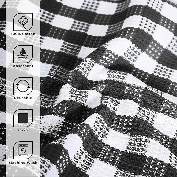 Blue Needles Waffle Weave Check Plaid Kitchen Towels, 15x25 Inches 100% Cotton Set of 4 Dish Towels for Kitchen, Ultra Soft & Absorbent for Quick Drying with Hanging Loop Spring Summer - Black & White