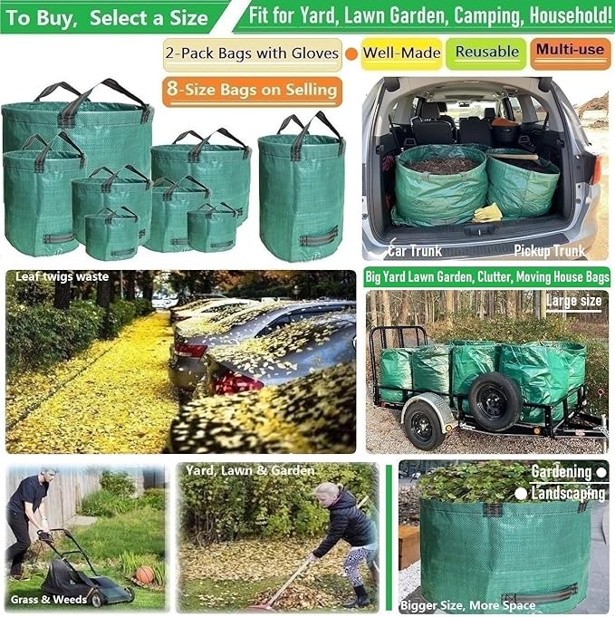 Professional 2-Pack 106 Gallon Big Lawn Garden Bags (D31,H31 inch) Large Yard Waste Bags with Gardening Gloves,Leaf Bag,Yard Debris Bags,Garden Trash Container,Lawn Grass Clippings,Weeds Bag 4 Handles