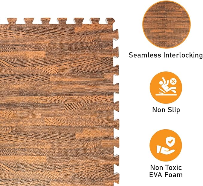 HomeCube USA 3/8 Inch Thick Interlocking Wood Grain Foam Floor Tiles for Home, Office, Workout Equipment Space, Commercial Areas, Anti-Fatigue Flooring Padding 24x24 in., Dark Oak, 96 SQ Ft - 24 Tiles