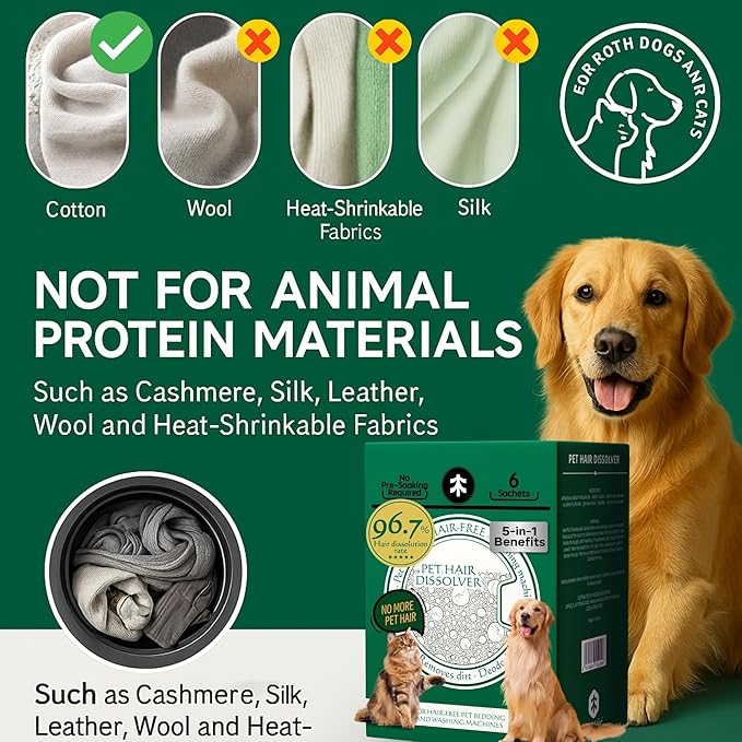 Pet Hair Dissolver for Washing Machine, Pet Hair Remover for Laundry, 96.7% Dissolution Rate, Pet Fur Remover for Dogs, 12 Sachets (2 Boxes), Up to 12 Months of Use, HE/Top/Front-Load