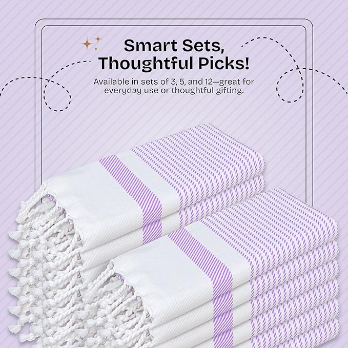 Lavender Turkish Kitchen Towels 16x26 Inch, 3 Pack, 100% Cotton, Ultra Absorbent, Soft, Fast Dry, Machine Washable, Dish Towel with Tassels for Drying Dishes, Cleaning, Everyday Use