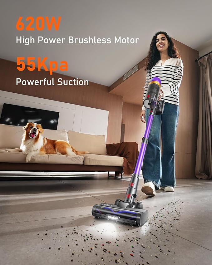 Cordless Vacuum Cleaner, Self-Standing 620W 55KPA 75Min Runtime Stick Vacuum for Home, 1.8L Dust Cup, LED Display, Anti-Tangle, 8-Stage Filtration, for Hardwood Floor Carpet Pet Hair