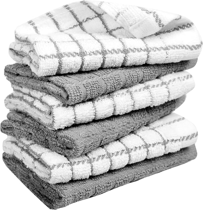 Bumble Premium Cotton Dish Cloths 12" x 12"| Grey Design | 405 GSM | Highly Absorbent & Soft Dish Towels | 100% Natural Ring Spun Cotton Kitchen Towel Set - 6 Pack