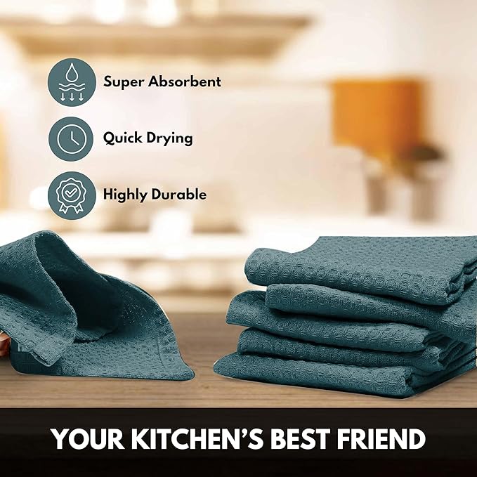 Teal Green Waffle Kitchen Dish Towels 100% Cotton, Soft, Absorbent, Quick Drying, Multipurpose Use, Bar & Tea Towels, 16x26 Inches, Durable, Machine Washable, Reusable, Set of 4