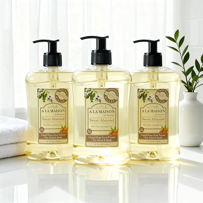 A LA MAISON French Liquid Hand Soap, Almond - Natural Hand Wash Made with Essential Oils - Biodegradable, Plant-Based, Vegan, Cruelty-Free, Alcohol & Paraben Free (16.9 oz, 6 Pack)