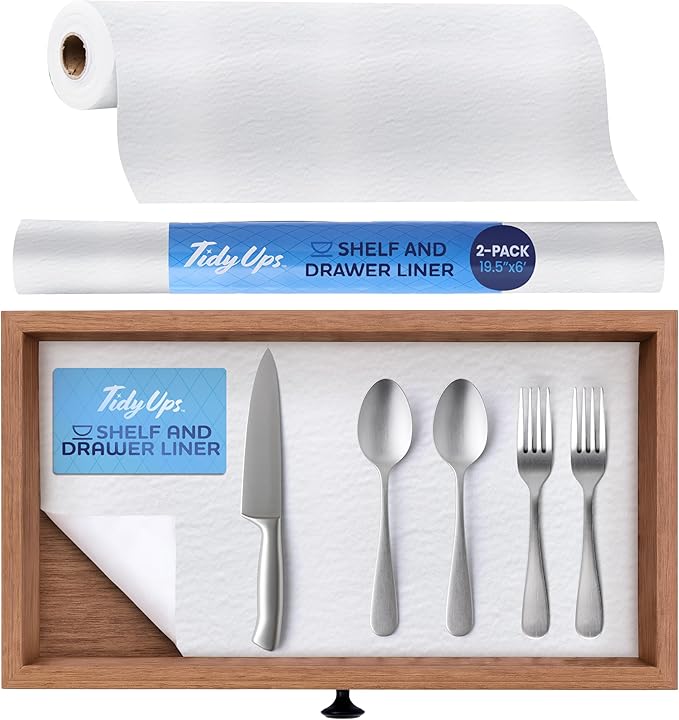 Self Adhesive Shelf Liner (2-Pack, 19.5in x 6ft) — Absorbent Felt Cabinet Liner for Shelves & Kitchen Drawers, Soft Glide Surface with Adjustable, Residue-Free Adhesive (Solid White)