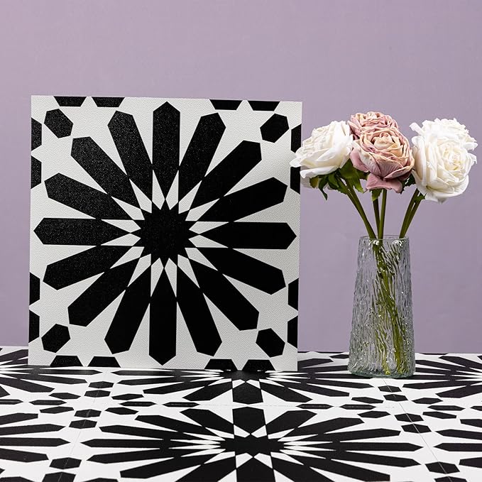 Elffloor Peel and Stick Floor Tile: 10pc 11.8 * 11.8in Self-Adhesive Waterproof Vinyl Flooring Black and White Tiles Sticker for Bathroom, Kitchen, Bedroom, Living Room