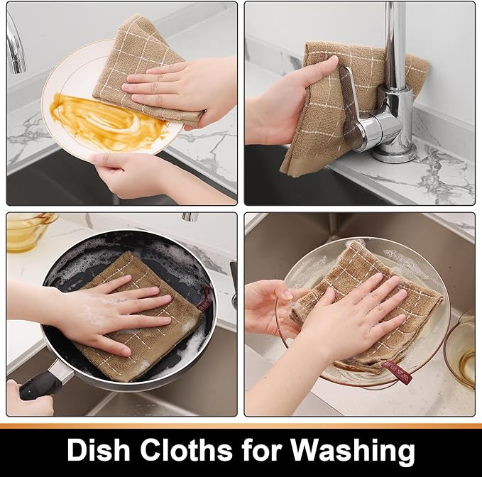 Mordimy 100% Cotton Terry Cloth Dish Cloths, Soft and Absorbent Checkered Dish Towels, Quick Drying Dish Rags for Washing Dishes, 6 Pack, 12 x 12 Inches, Tan