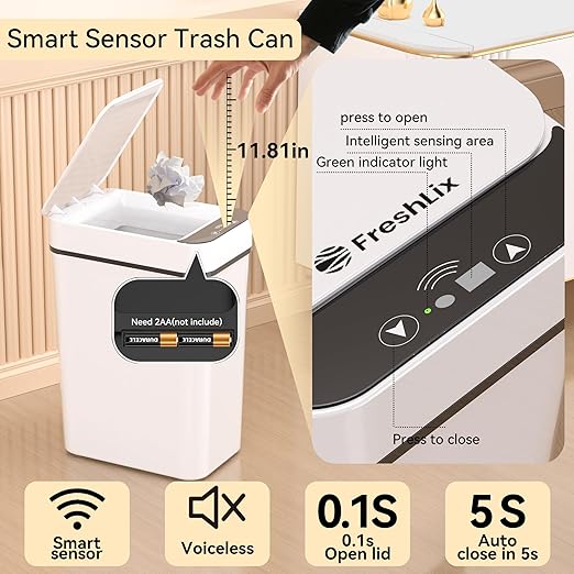 3 Pack Bathroom Trash Can 2.6 Gallon Small Touchless Automatic Motion Sensor Trash Cans Slim Waterproof Garbage Bin with Lid for Kitchen, Office, Bedroom White