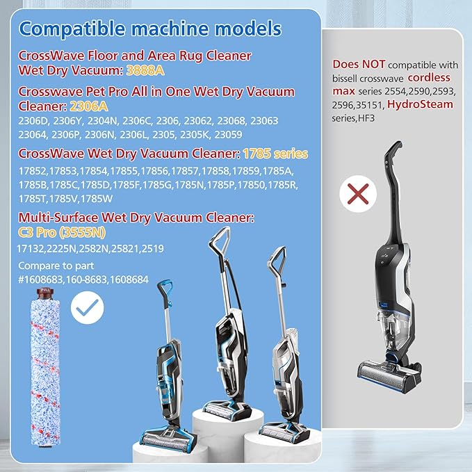 Brush Filter Replacement for Bissell CrossWave Floor and Area Rug Cleaner 3888A 2306A 1785 Serie, 2 Multi Surface Brush 1868 + 2 Filter 1866, Compare to Part 1608683,160-8683,1608684