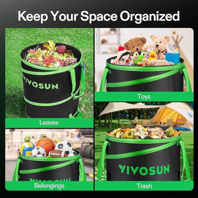 VIVOSUN 47-Gallon Collapsible Garden Bag, Yard Waste Bin with Hard-Shell Bottom, Leaf Scoops and Gloves, Collapsible Yard Waste Containers for Lawn Care and Camping, 4-Pack