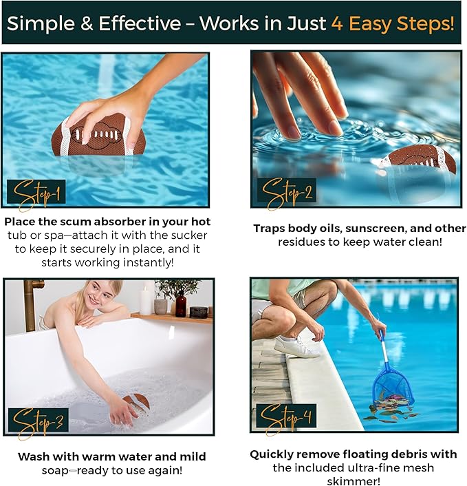 Hot Tub Scum Absorber Football ScumGuard Mesh - 2-Pack Oil & Scum Absorber for Spa, Hot Tub & Pool - Keeps Water Clear & Filters Protected - Includes Pool Net Skimmer & 2 Washable Football Absorbers