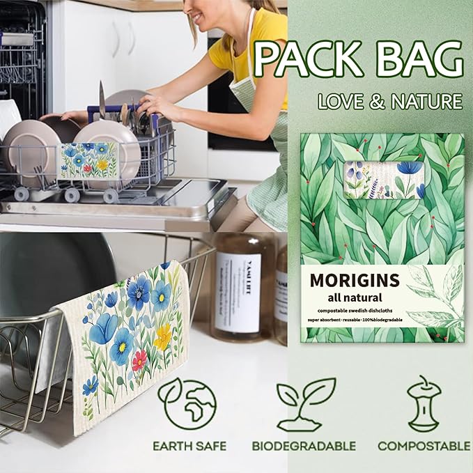 Morigins 12 Pack Swedish Dishcloths with 2 Push Towel Hooks - Reusable Dish Cloths for Washing Dishes, Napkins Cleaning Cloth Washable - Flower Set