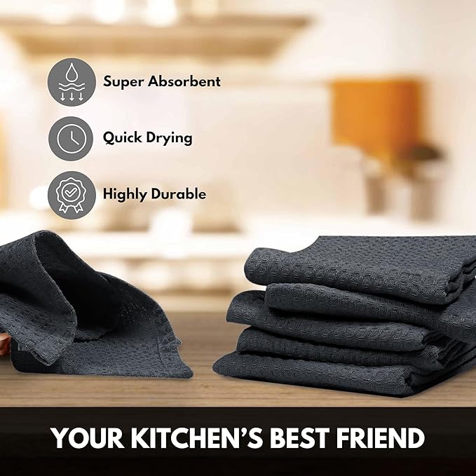 Gray Waffle Kitchen Dish Towels, 100% Cotton, Quick Dry, Super Absorbent, Soft, 16x26 Inches - Ideal for Dish Drying, Bar, Tea, Cleaning, and Everyday Use, 4 Pack, Grey