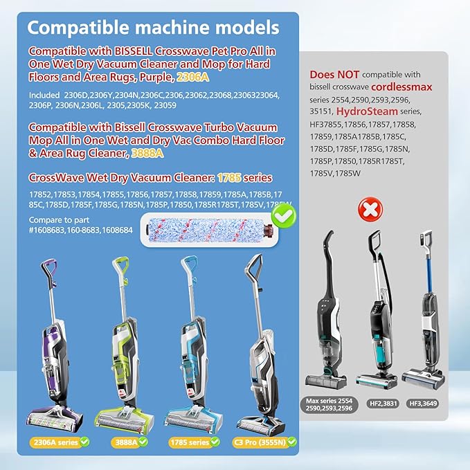 JORAIR Replacements Compatible with Bissell CrossWave, 3 Multi-Surface Brush Roll 1868 + 3 Vacuum Filter 1866 Vacuum Filter, Compare to Part 1608683, 160-8683, 1608684