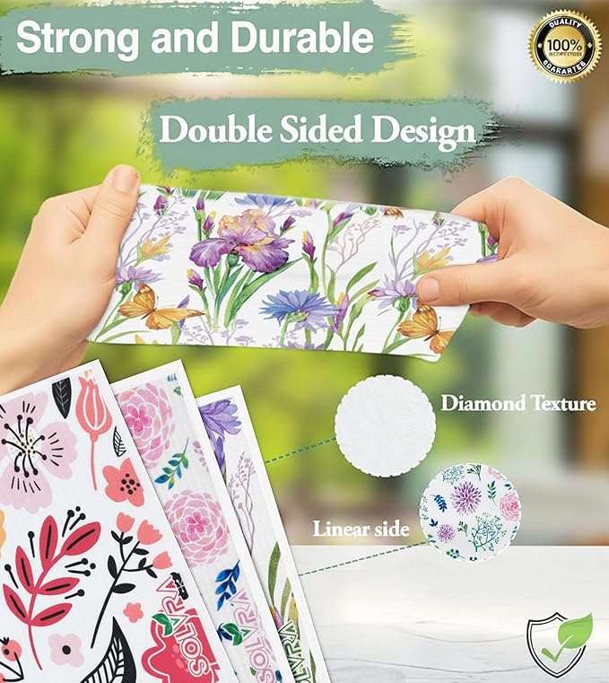 10 PCS Flower Print Swedish Dishcloths for Kitchen,100% Biodegradable, Reusable Cellulose Sponge Cloths, Ultra Absorbent, Eco Friendly Cleaning Towels Dishcloths for Washing Dishes & General Cleaning