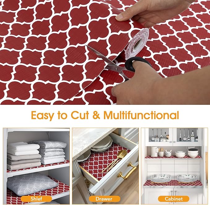 Shelf and Drawer Liner for Kitchen Cabinets Non-Adhesive, Strong Grip Non-Slip Thickened Cabinet Liners for Shelves, Waterproof Mats for Dresser Cupboard, Red/White, 17 in x 20 Feet