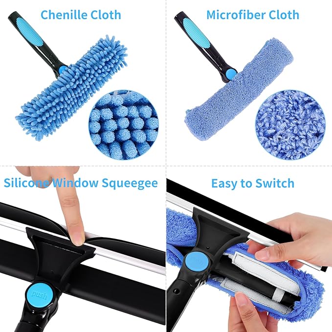 Window Washing Kit with Extension Pole, 73’’ Window Cleaning Squeegee Kit, 3 in 1 Window Cleaning Kit with 2 Microfiber Pads & 2 Chenille Pads for Indoor Outdoor Windows