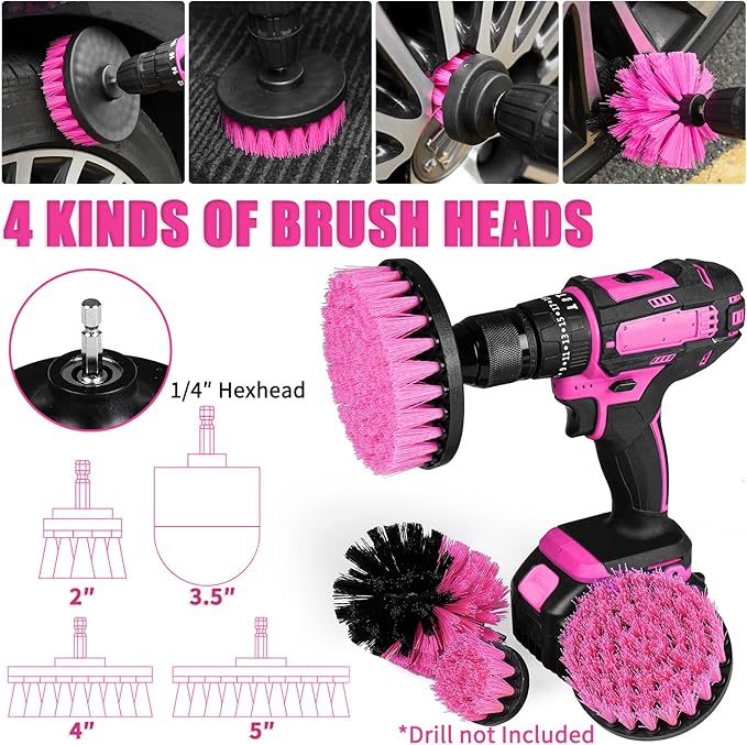 Viewsun 20PCS Car Cleaning Kit, Pink Car Interior Detailing Kit with Drill Brush Set, Windshield Cleaning Tool, Detailing Brushes, Wire Brushes, Cleaning Gel, Complete Cleaning Supplies for Women