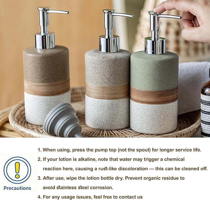 Ceramic Dish Soap Dispenser Set with Silicone Funnel, Hand Soap, Shampoo, Body Wash, Liquid Soap Dispenser for Kitchen and Bathroom, Stainless Steel Pump, Non Slip, 12 Oz