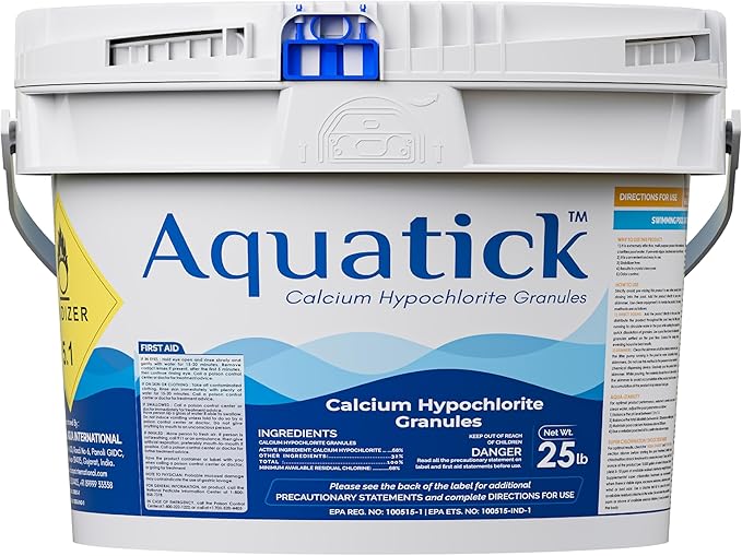 Aquatick Calcium Hypochlorite Pool Shock, 68% Available Chlorine, Non-stabilized granules for Swimming Pools, Designed to Help Control Algae and Maintain Clear Water, 25 lb Bucket