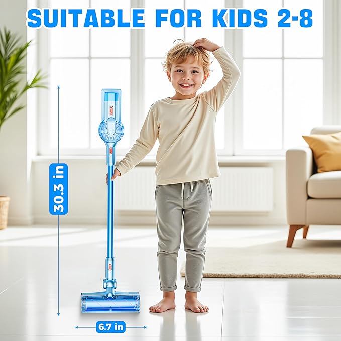 4-in-1 Kids Toy Vacuum That Works with Suction, Electric Toy Toddler Vacuum Cleaner for Children Ages 3 4 5 6+ Boys & Girls,Toddlers Toys Cleaning Set for Pretend Play (Light Blue)