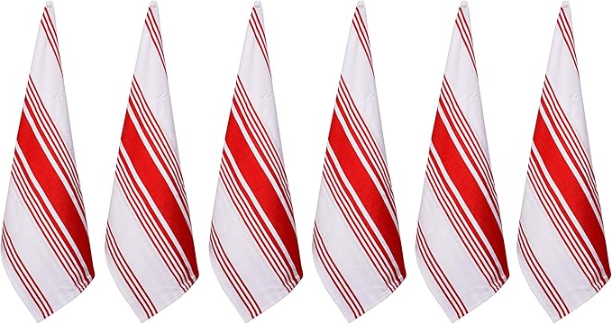 Urban Villa Kitchen Towels 100% Cotton Dish Towels for Kitchen (Set of 6) 20”x30” Dish Cloths Highly Absorbent Kitchen Linen Set with Hanging Loop Perfect for Drying Dishes Cleaning Towels-Red White