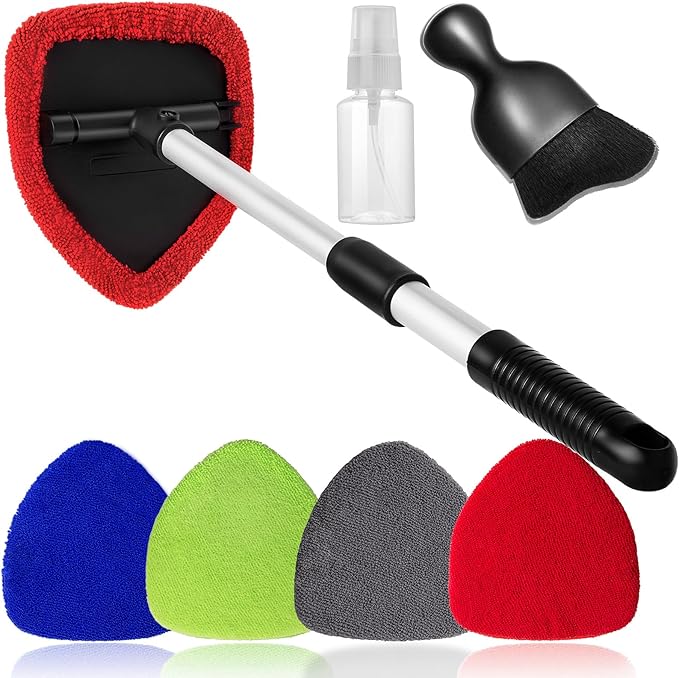7pcs Windshield Cleaner Tool Car Window Cleaning Wash Kit with 4 Reusable Microfiber Pads 1 Spray Bottle and Extendable Handle Auto Glass Wiper Kit, Multicolor