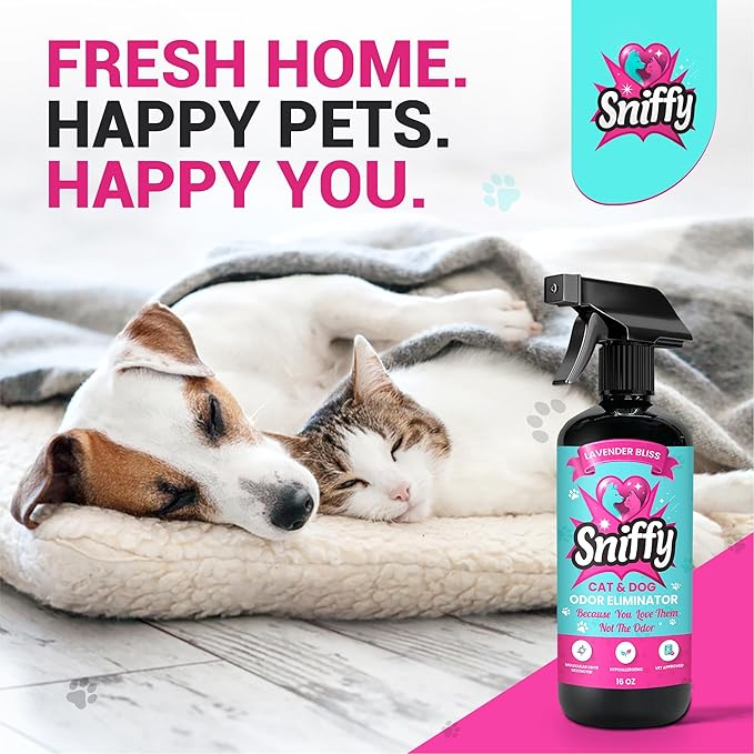 Sniffy Pet Odor Eliminator Spray – Lavender Enzymatic Cleaner for Dog & Cat Urine, Litter Boxes, Carpets & Furniture – Hypoallergenic, Fabric-Safe, Vet-Approved, 2×16 oz Twin Pack, Made in USA