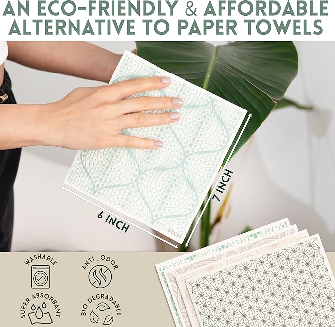 DECEE Swedish Dishcloths for Kitchen | 5 Pack Reusable Paper Towels | Washable | Swedish Dish Towels | Non-Scratch Cellulose Sponge Cloths | No Odor, Biodegradable Cleaning Cloths (Earthy)