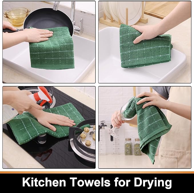 Mordimy 100% Cotton Terry Cloth Kitchen Towels, Super Soft and Absorbent Dish Towels for Drying, Checkered Designed Hand Towels for Kitchen, 16 x 26 Inches, 8 Pack, Grass Green