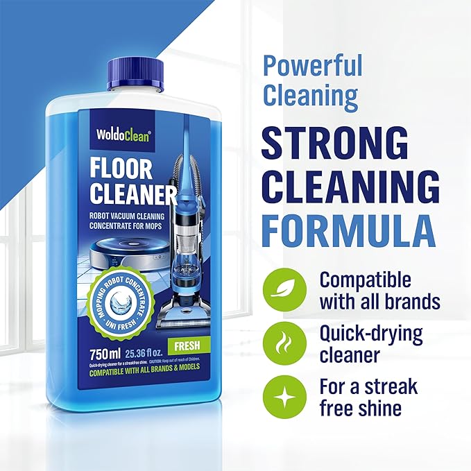 WoldoClean Floor Cleaner Solution for Robot Mops 25.36 fl.oz - Anti-Clog Formula Compatible with Roborock, Dreame, Roomba, Tineco, Professional Low-Foam Concentrate
