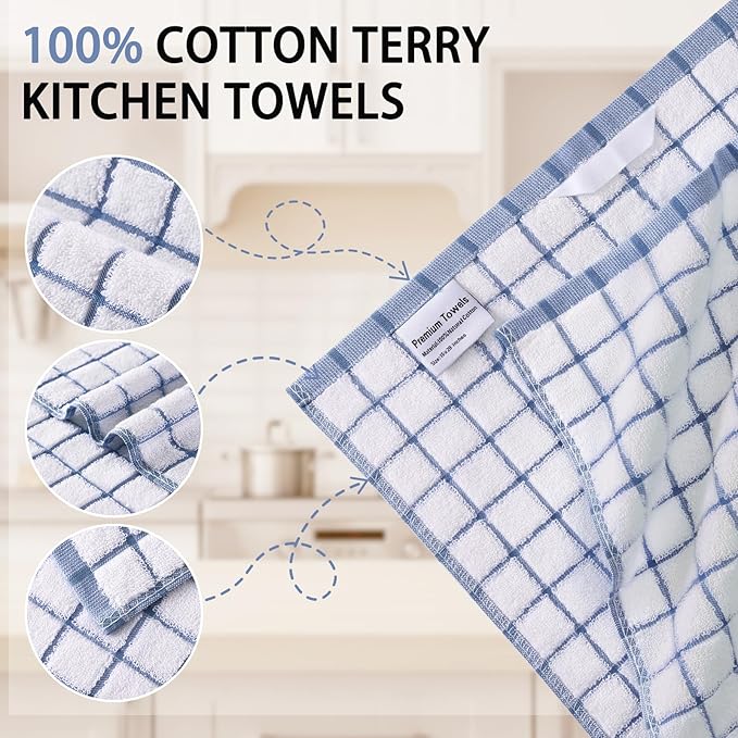 Homaxy Premium Kitchen Towels(16”x 28”, 6 Pack), Large Ring Spun Cotton Dish Towels, Super Absorbent Soft Terry Kitchen Hand Towels, Check Design Tea Towel Set with Hanging Loop, Navy Blue/Grey/Tan