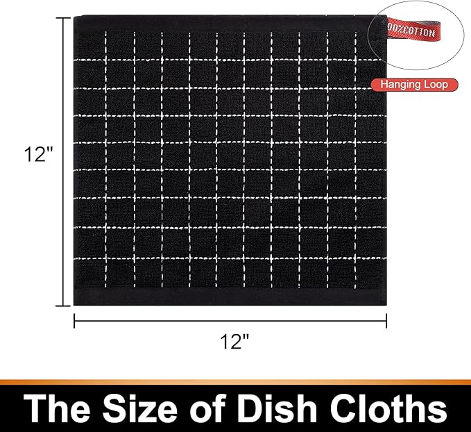 Mordimy 100% Cotton Terry Cloth Dish Cloths, Soft and Absorbent Checkered Dish Towels, Quick Drying Dish Rags for Washing Dishes, 8 Pack, 12 x 12 Inches, Black