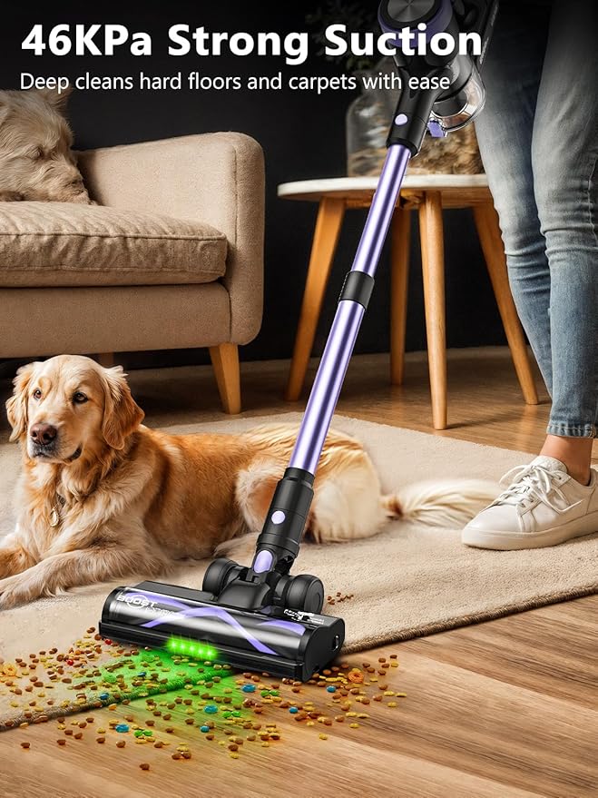 Cordless Vacuum Cleaner, 46KPa/500W Stick Vacuum with 55 Mins Runtime, Self-Standing Vacuum Cleaner for Home, LED Display, Anti-Tangle Brush, Rechargeable Vacuum for Hardwood Floor, Pet Hair (Purple)