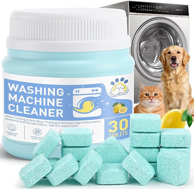 Washing Machine Cleaner Tablets, 30 Pack Deep Cleaning Pods for Front ＆ Top Loader, Natural Formulared for Pet Owners, Heavy Duty, Septic Safe, Over 12 Month Supply, 15G, Blue