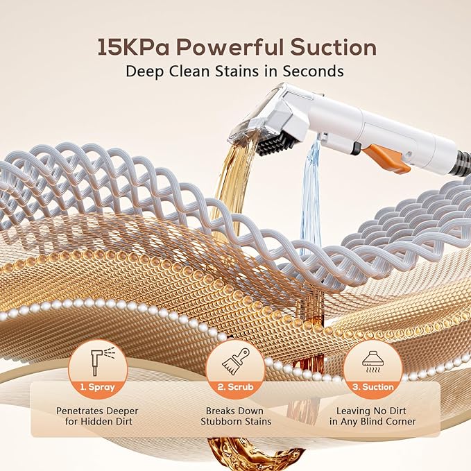 Upholstery Cleaner Machine, 15Kpa Portable Carpet & Upholstery Spot Cleaner Machine, Deep Stain Cleaning for Carpet, Pets, Stairs, Car Seat, Couch, with Dual Size BrushHead and Cleaning Solutions