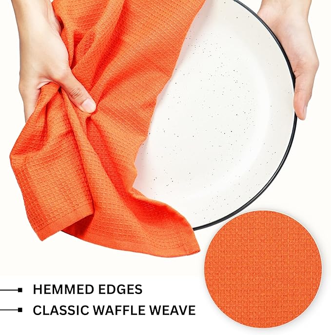 PurpleEssences Waffle Weave Kitchen Towel, 100% Cotton - 15x25 Inches, with Hanging Loop Ultra Soft Absorbent Quick Drying Dish Cloth, Tea and Hand Towels, 6 Pack - Christmas Holiday Winter - Orange