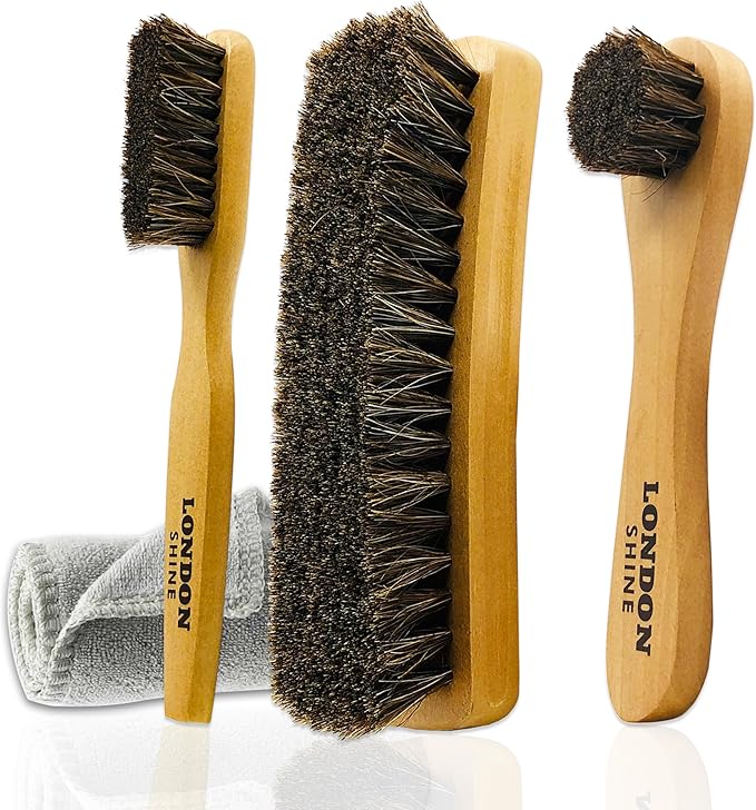 Shoe Brush 4 Pcs Horsehair Shine Shoes Brush Kit Dauber Applicator for Cleaning Leather Shoes Boots Suede Cleaner Brush Buffing Brush with Microfiber Shoe Cleaning Cloth Premium Shoe Polish Kit.