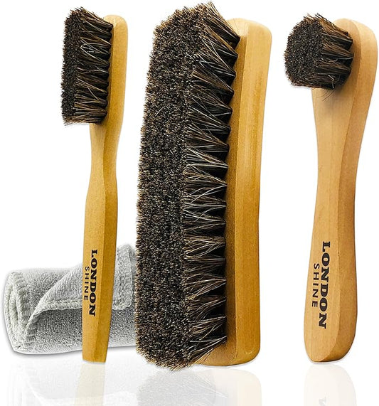 Shoe Brush 4 Pcs Horsehair Shine Shoes Brush Kit Dauber Applicator for Cleaning Leather Shoes Boots Suede Cleaner Brush Buffing Brush with Microfiber Shoe Cleaning Cloth Premium Shoe Polish Kit.