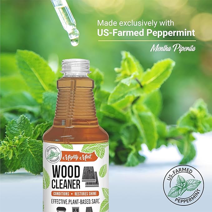 Mighty Mint Wood Cleaner & Conditioner Spray – Plant-Based Formula Cleans, Polishes & Renews Wood Furniture, Cabinets & Floors – Peppermint Scent, 16 oz