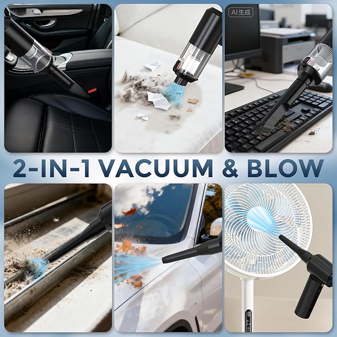 Car Vacuum Cordless: 12000Pa 2 in 1 Handheld Vacuum & Blower - Hand Vacuum Portable Cordless with Led Light, Multi-Nozzles for Car, Home, Office, Pet, Hair