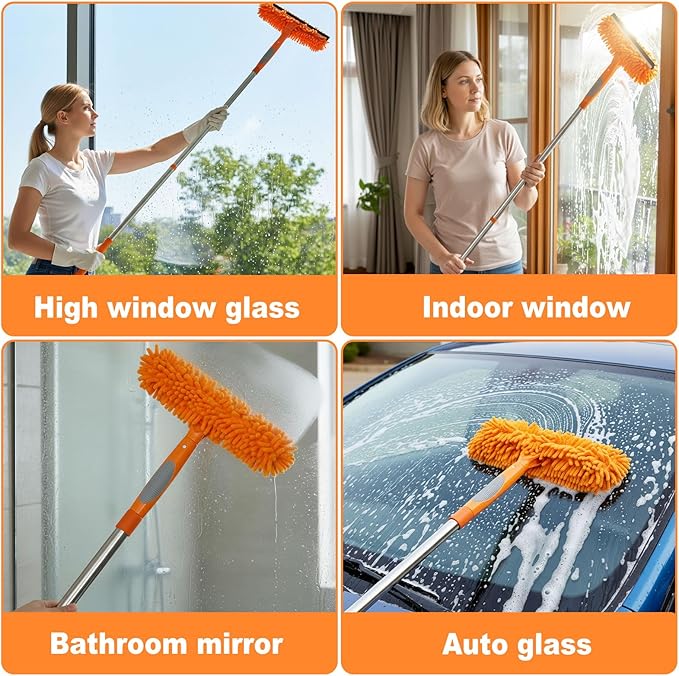 3-in-1 Window Cleaner Tool with Rotating Head,67" Window Squeegee with Extension Pole, Window Cleaning Squeegee Kit for Indoor & Outdoor High Windows and Car Glass