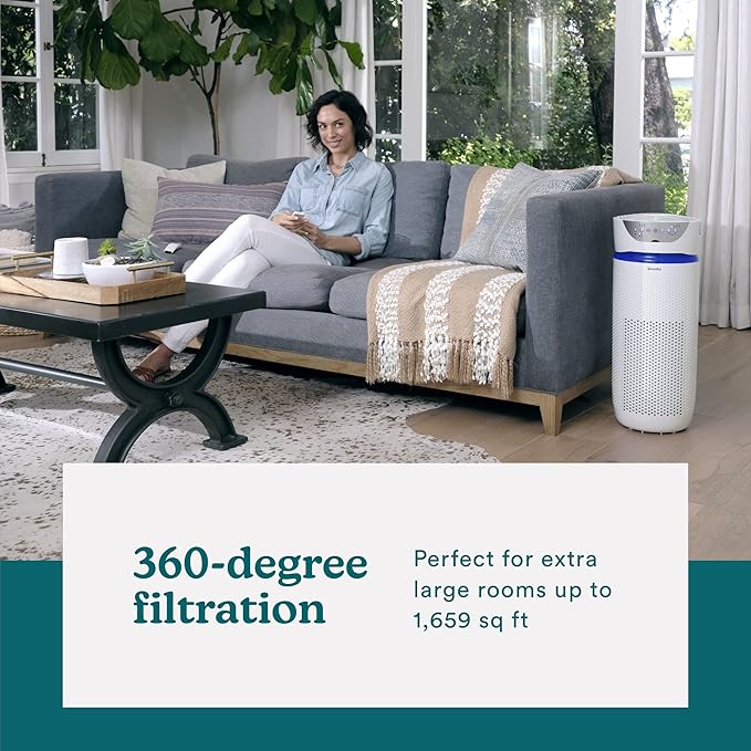 Homedics 5-in-1 UV-C Air Purifier - 360-Degree HEPA Filter for 1,593 Sq Ft, Extra Large Air Purifiers for Bedroom and Home, Essential Oil Pads, Built-In Timer, 5 Speed Settings for Large Rooms, White